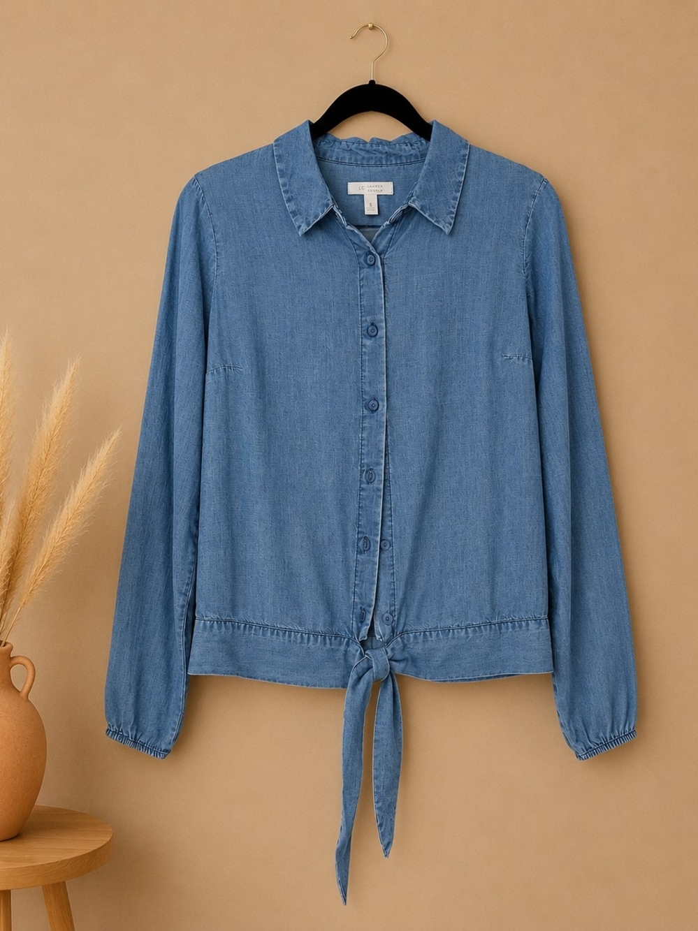 LC Lauren Conrad Light Blue Tie-Front Chambray Button-Up